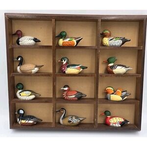 Vintage Enesco Duck Set Of 12 With Enesco Shelving Piece Wood 1980's Mallard